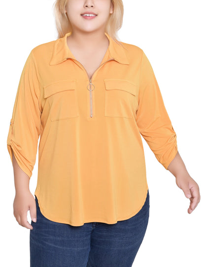 Dressbarn Recommended | NY Collection Plus Size 3/4 Roll Tab Zip Front Top - Golden Glow