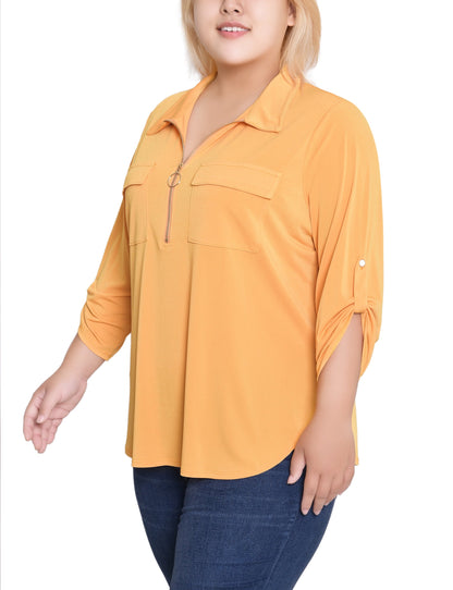 Dressbarn Recommended | NY Collection Plus Size 3/4 Roll Tab Zip Front Top - Golden Glow