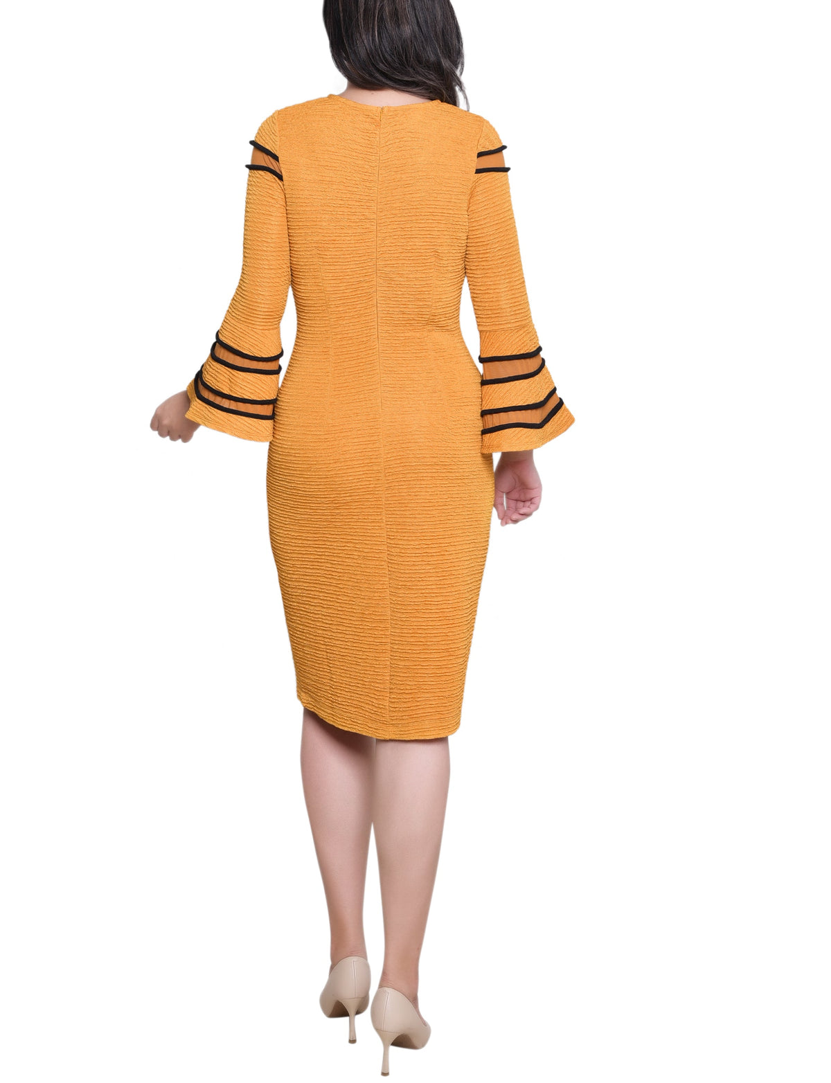 Dressbarn New | Mustard Black Long Bell Sleeve Dress With Contrast Striping