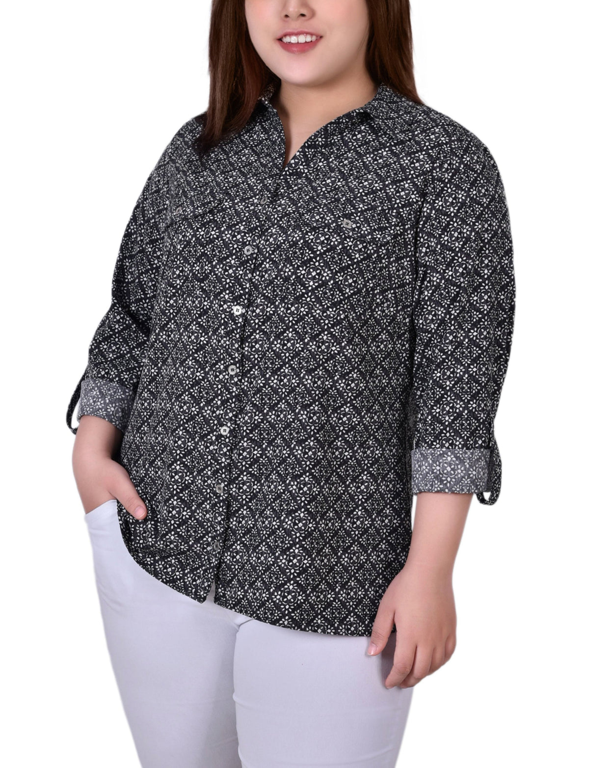 Dressbarn Popular | White 3/4 Roll Tab Blouse With Pockets - Plus Size