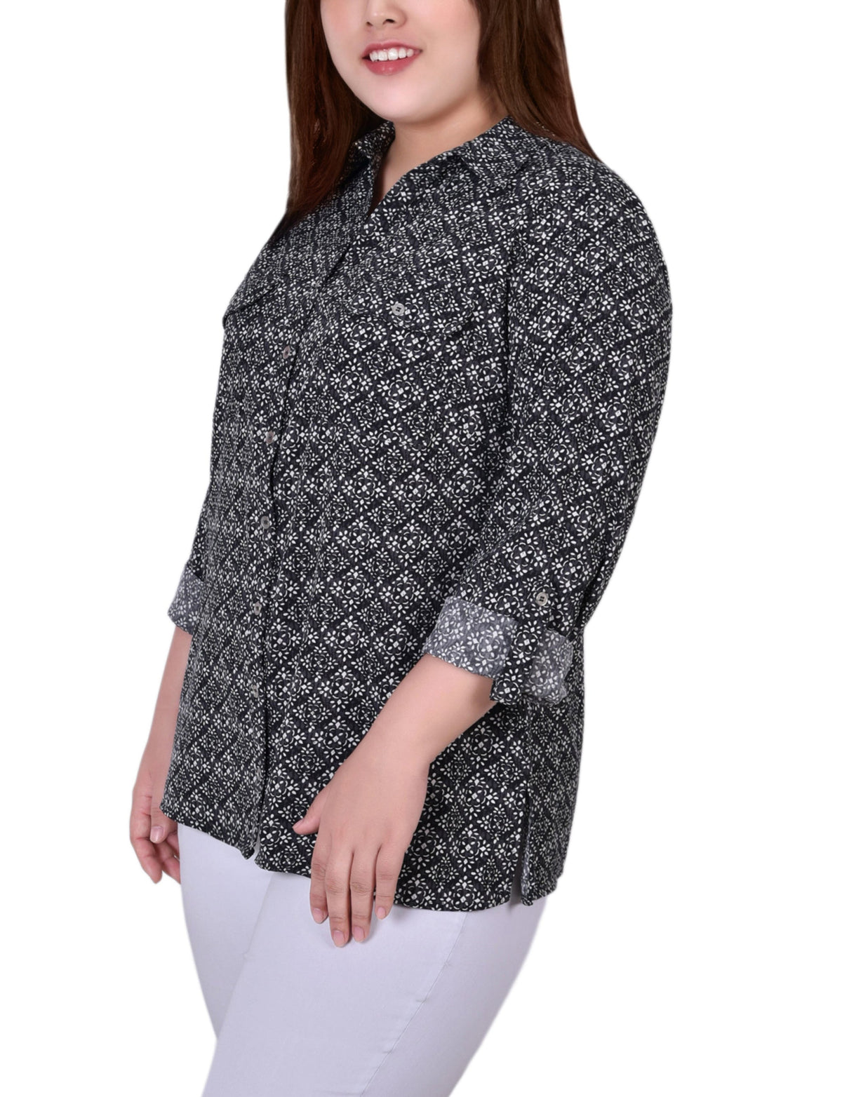 Dressbarn Popular | White 3/4 Roll Tab Blouse With Pockets - Plus Size