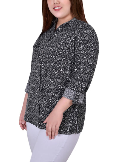 Dressbarn Popular | White 3/4 Roll Tab Blouse With Pockets - Plus Size