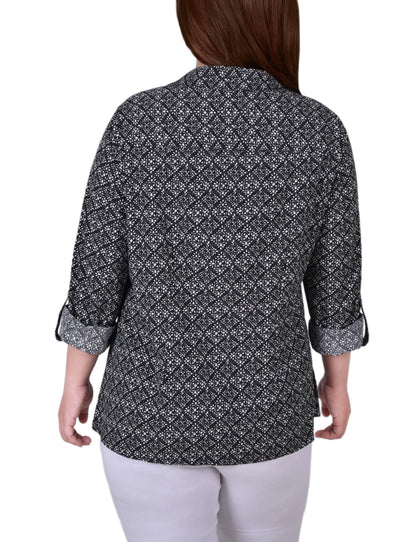 Dressbarn Popular | White 3/4 Roll Tab Blouse With Pockets - Plus Size