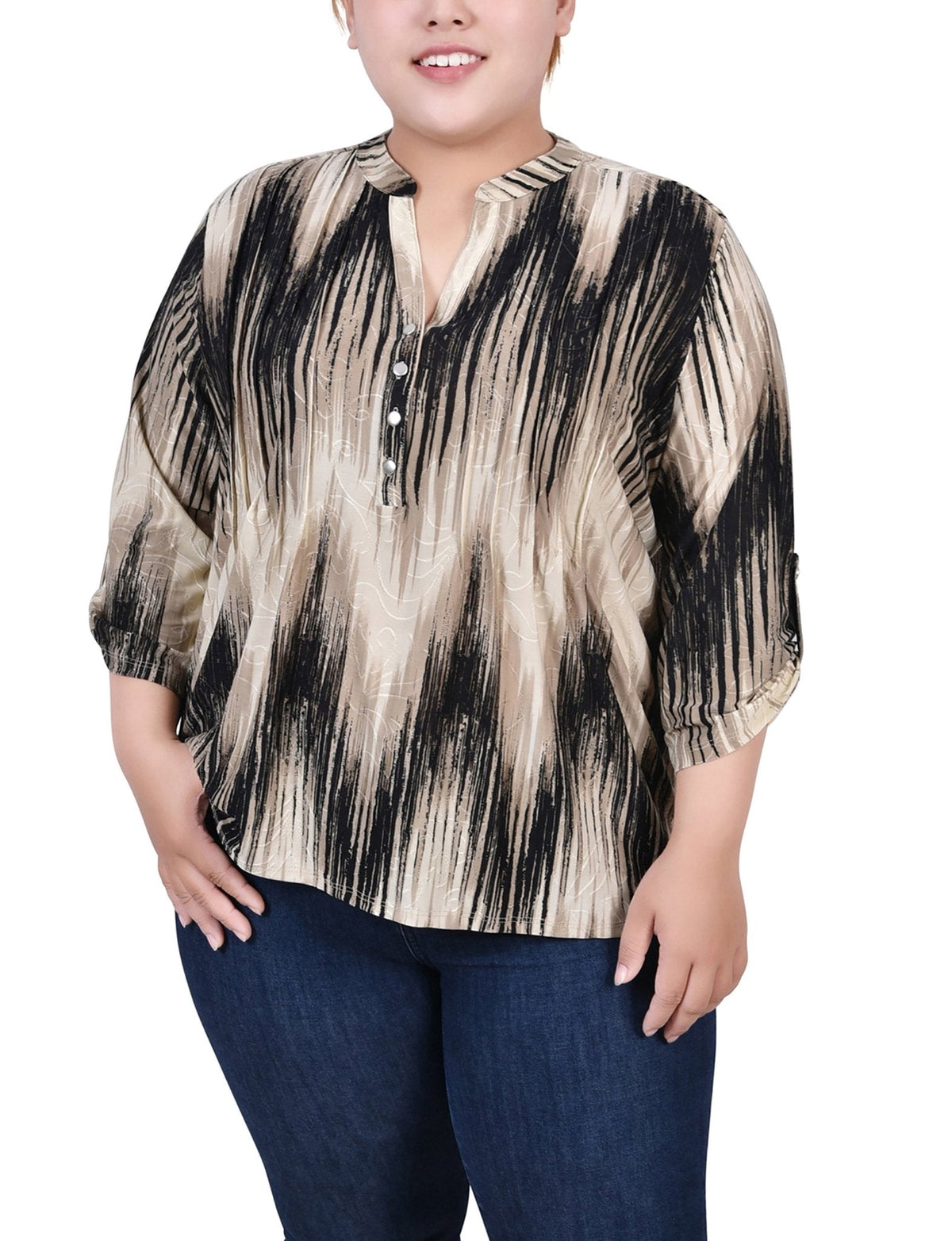 Dressbarn Best Seller | Khaki Chervon 3/4 Sleeve Roll Tab Y Neck Top - Plus