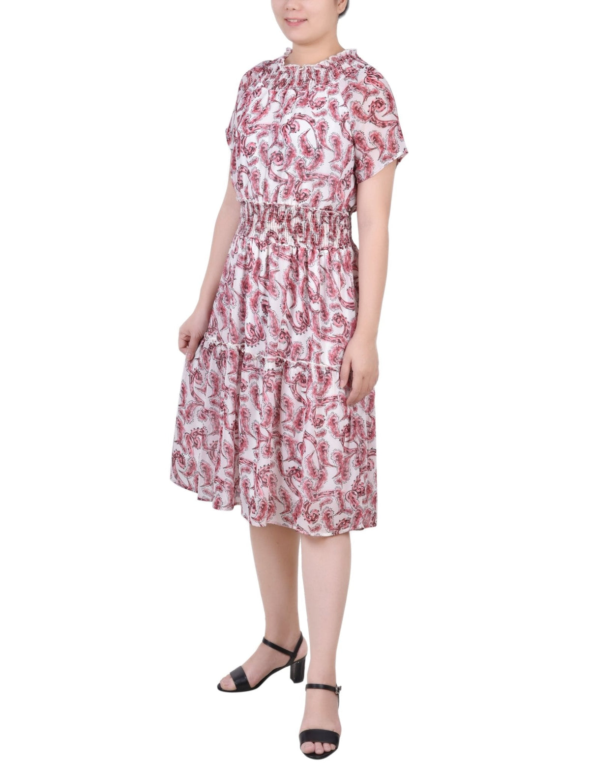Dressbarn Best Seller | Burgundy Paisley Floral Short Sleeve Smocked Waist Dress - Petite