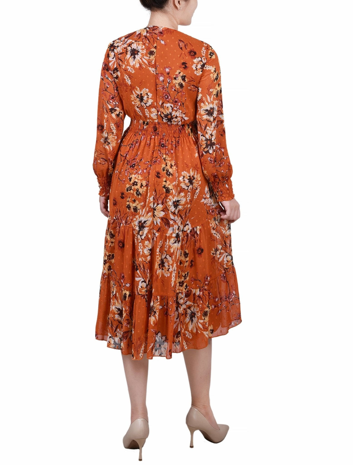 Dressbarn Recommended | Orange Hauppage Long Sleeve Clip Dot Chiffon Dress With Smocked Waist and Cuffs