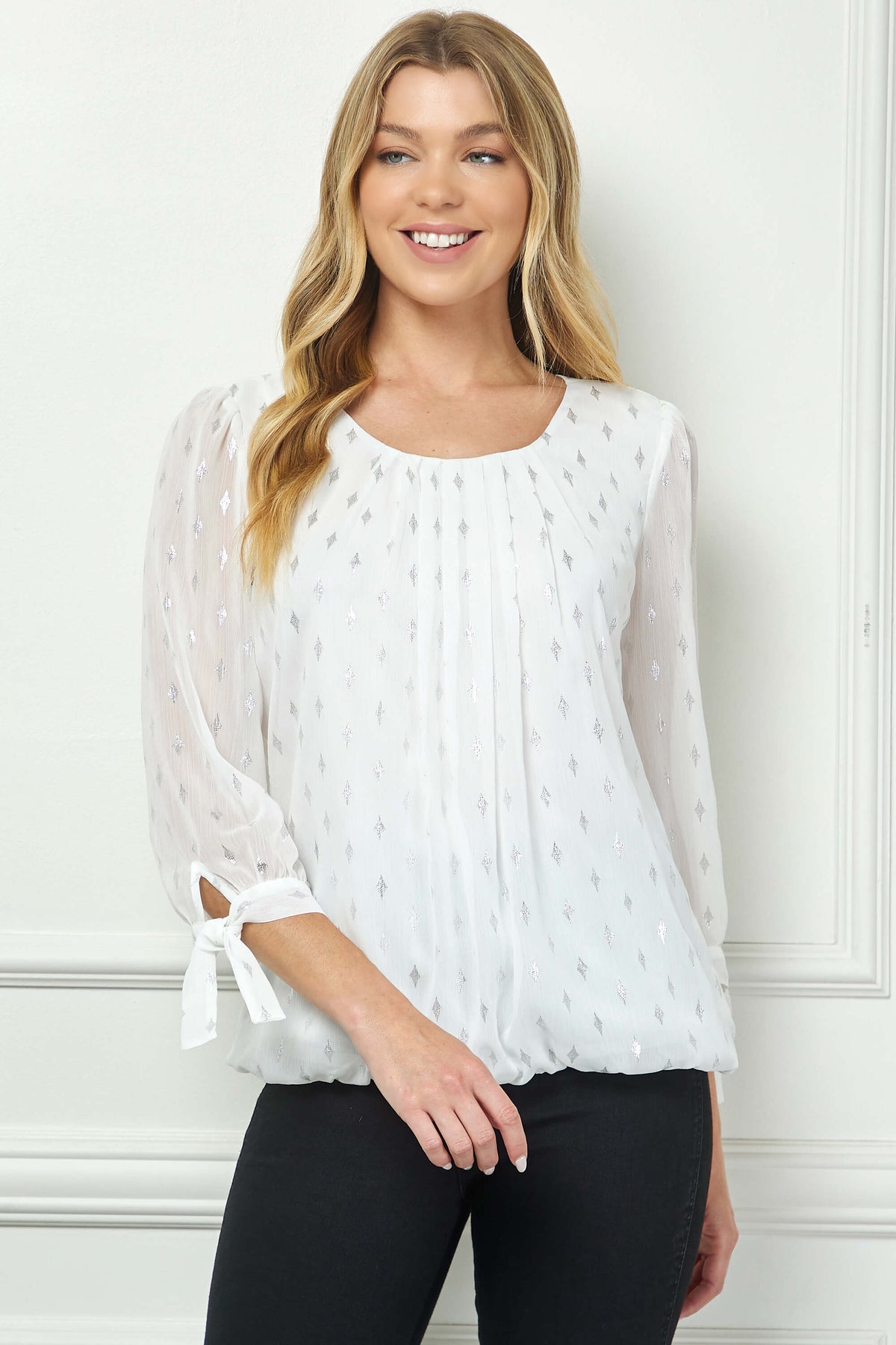 Dressbarn Featured | 3/4 Tie Sleeve Pleat Neck Foil Bubble Blouse in Ivory/Silver