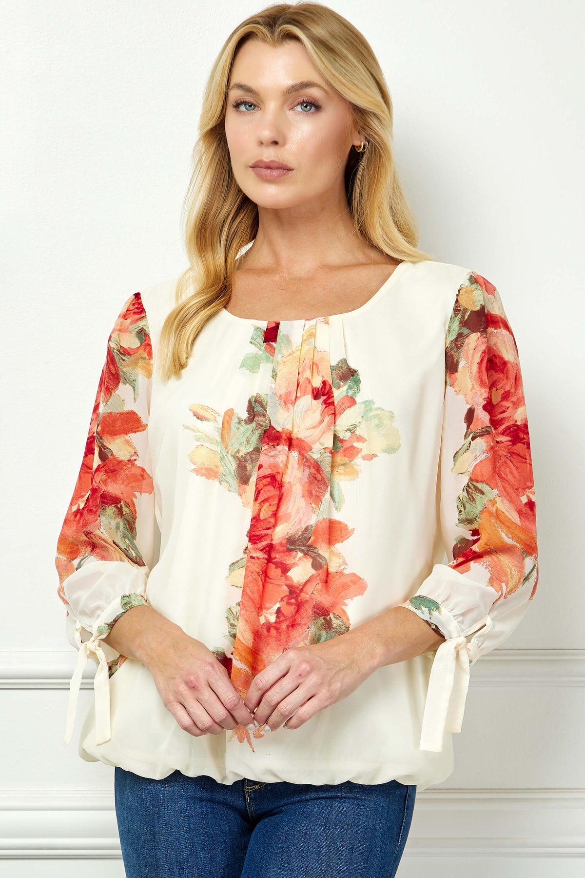 Dressbarn New | 3/4 Tie Sleeve Pleat Neck Bubble Blouse in Cream