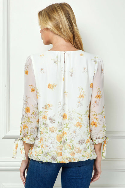 Dressbarn Popular | 3/4 Tie Sleeve Pleat Neck Border Print Bubble Blouse in Ivory/Yellow/Taupe