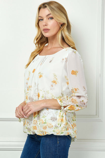 Dressbarn Popular | 3/4 Tie Sleeve Pleat Neck Border Print Bubble Blouse in Ivory/Yellow/Taupe