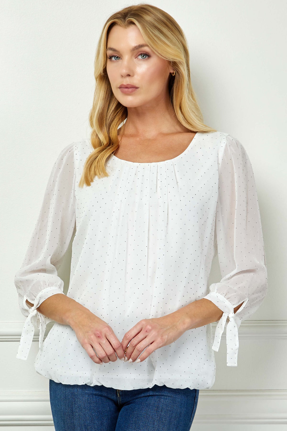Dressbarn New | 3/4 Tie Sleeve Pleat Neck Bubble Blouse in White