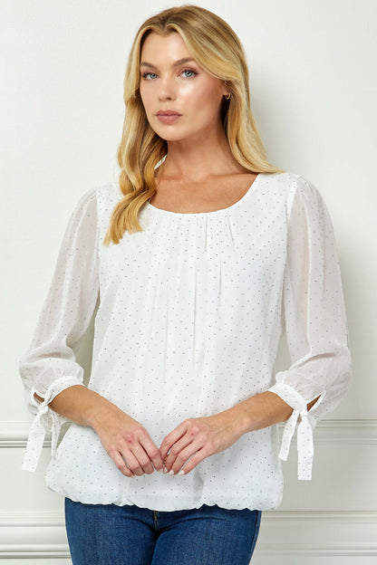 Dressbarn New | 3/4 Tie Sleeve Pleat Neck Bubble Blouse in White