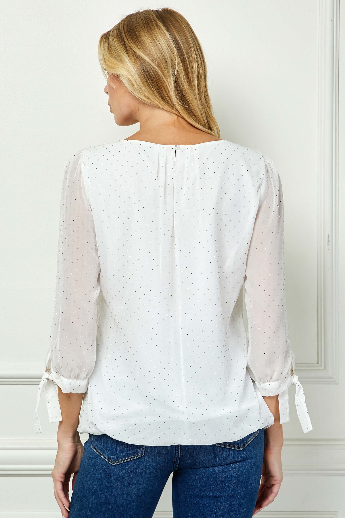 Dressbarn New | 3/4 Tie Sleeve Pleat Neck Bubble Blouse in White