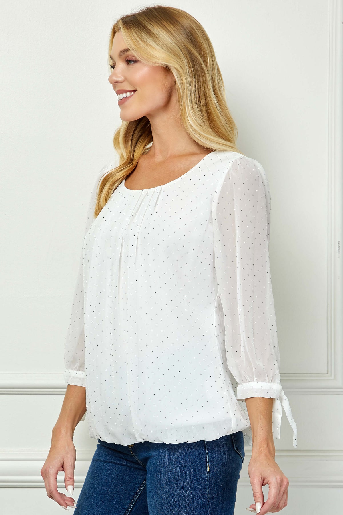 Dressbarn New | 3/4 Tie Sleeve Pleat Neck Bubble Blouse in White