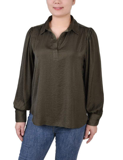 Dressbarn Trending | Olive Long Puff Sleeve Satin Blouse