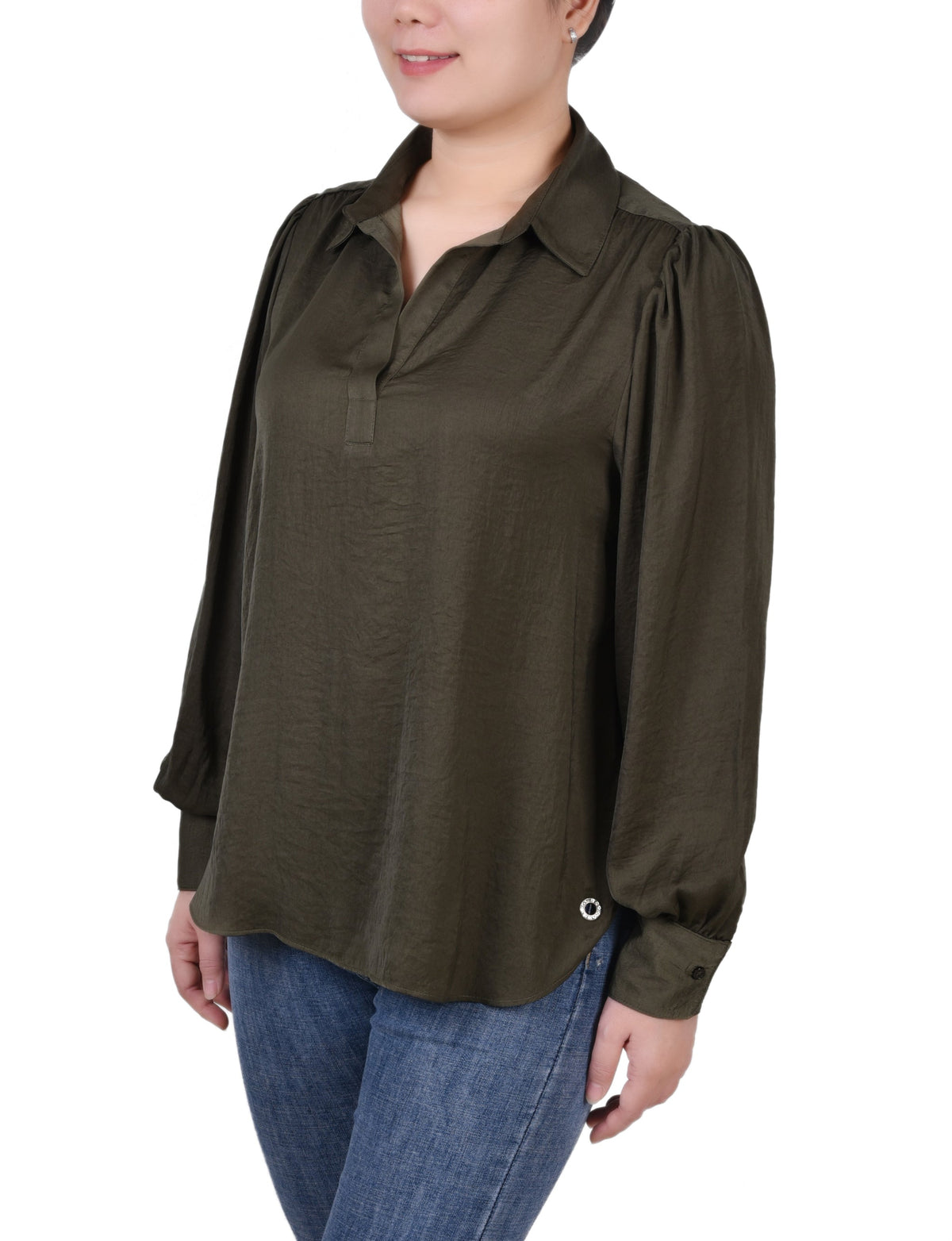 Dressbarn Trending | Olive Long Puff Sleeve Satin Blouse