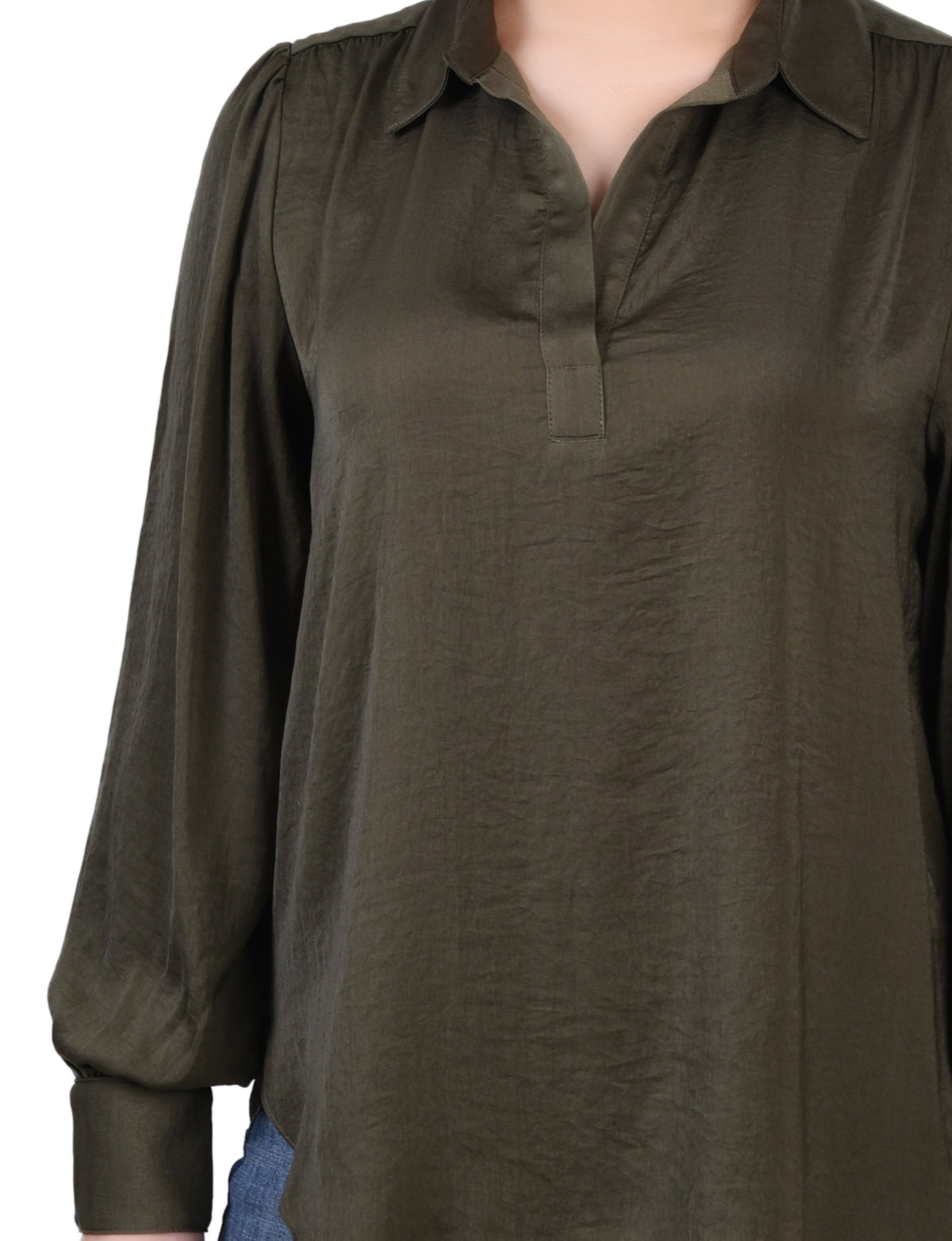 Dressbarn Trending | Olive Long Puff Sleeve Satin Blouse
