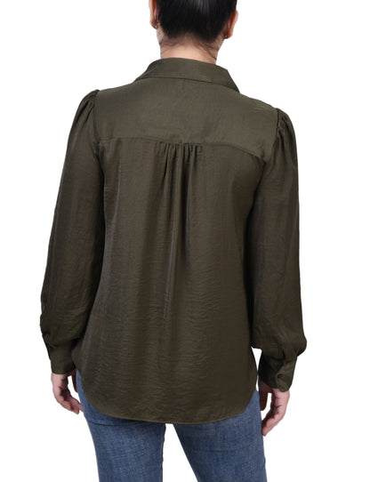 Dressbarn Trending | Olive Long Puff Sleeve Satin Blouse